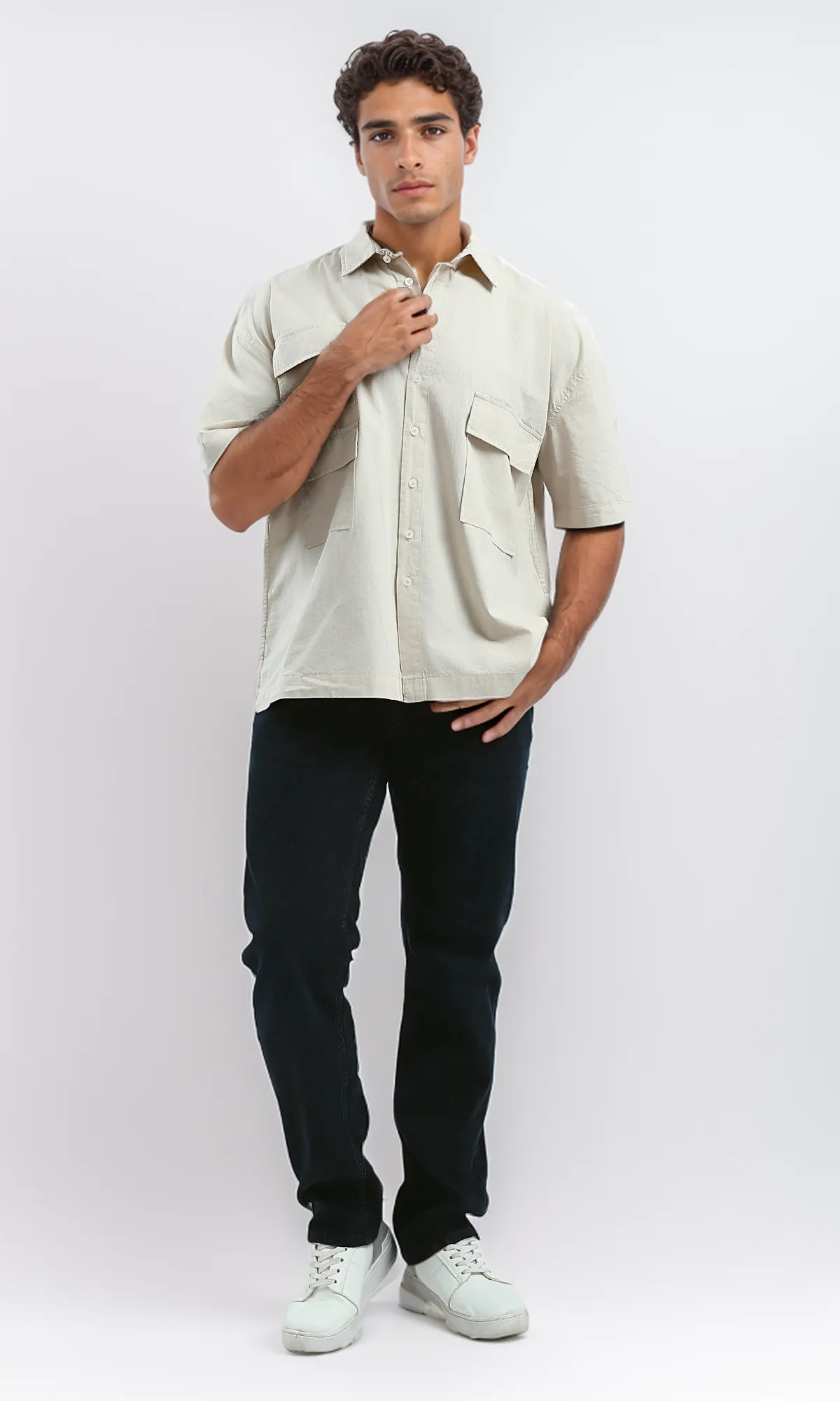 O182201 Beige Solid Casual Elbow-Sleeves Shirt