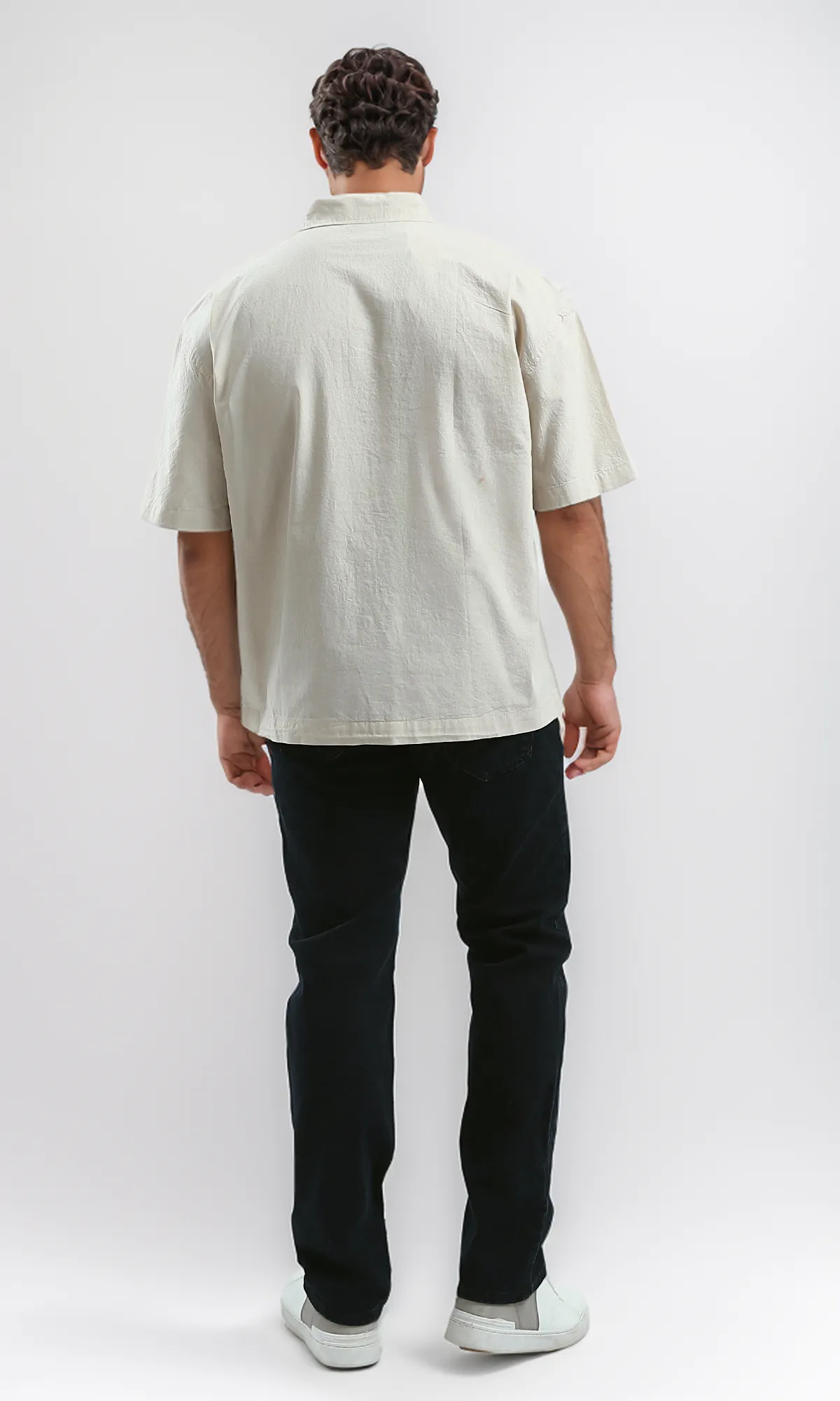 O182201 Beige Solid Casual Elbow-Sleeves Shirt