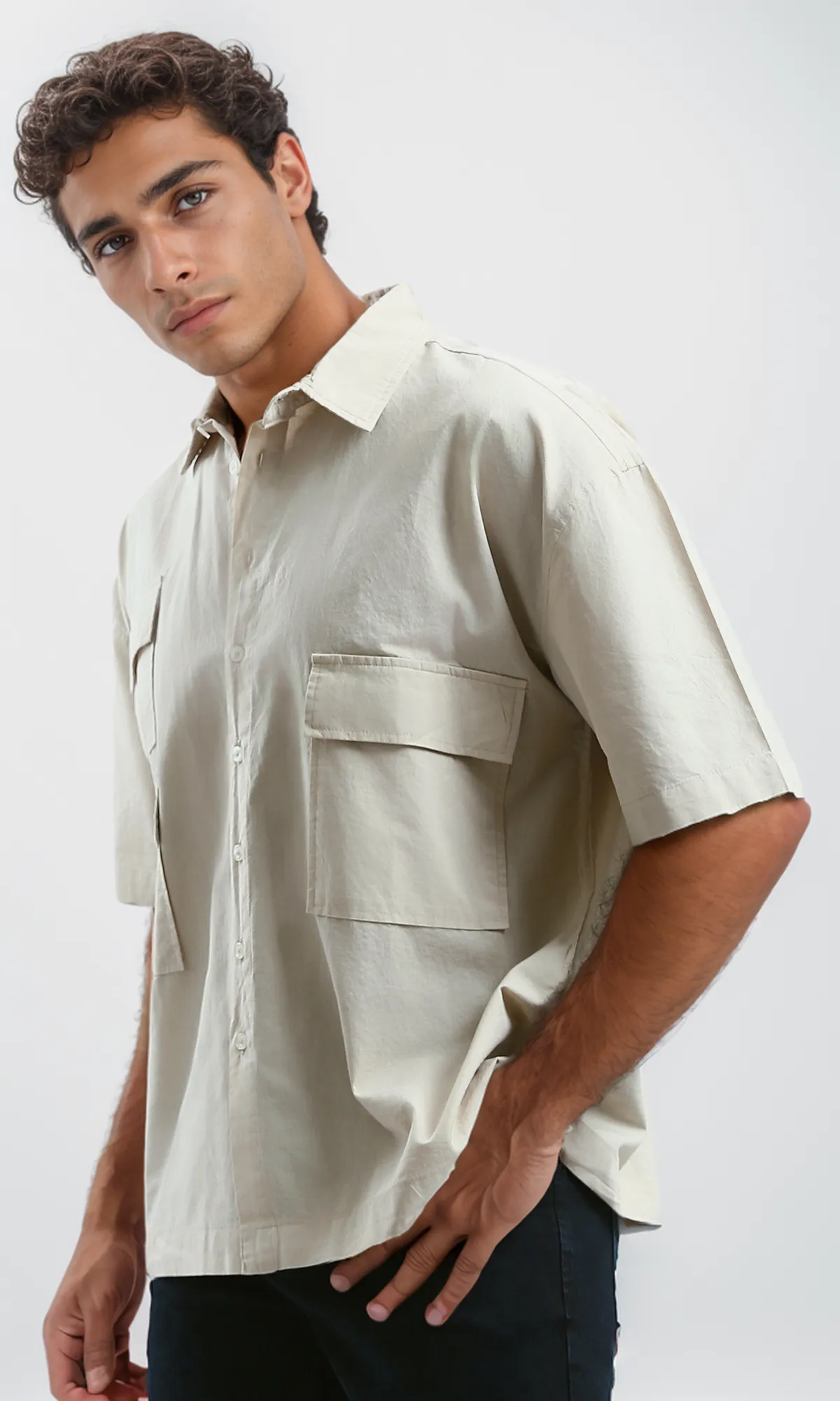 O182201 Beige Solid Casual Elbow-Sleeves Shirt
