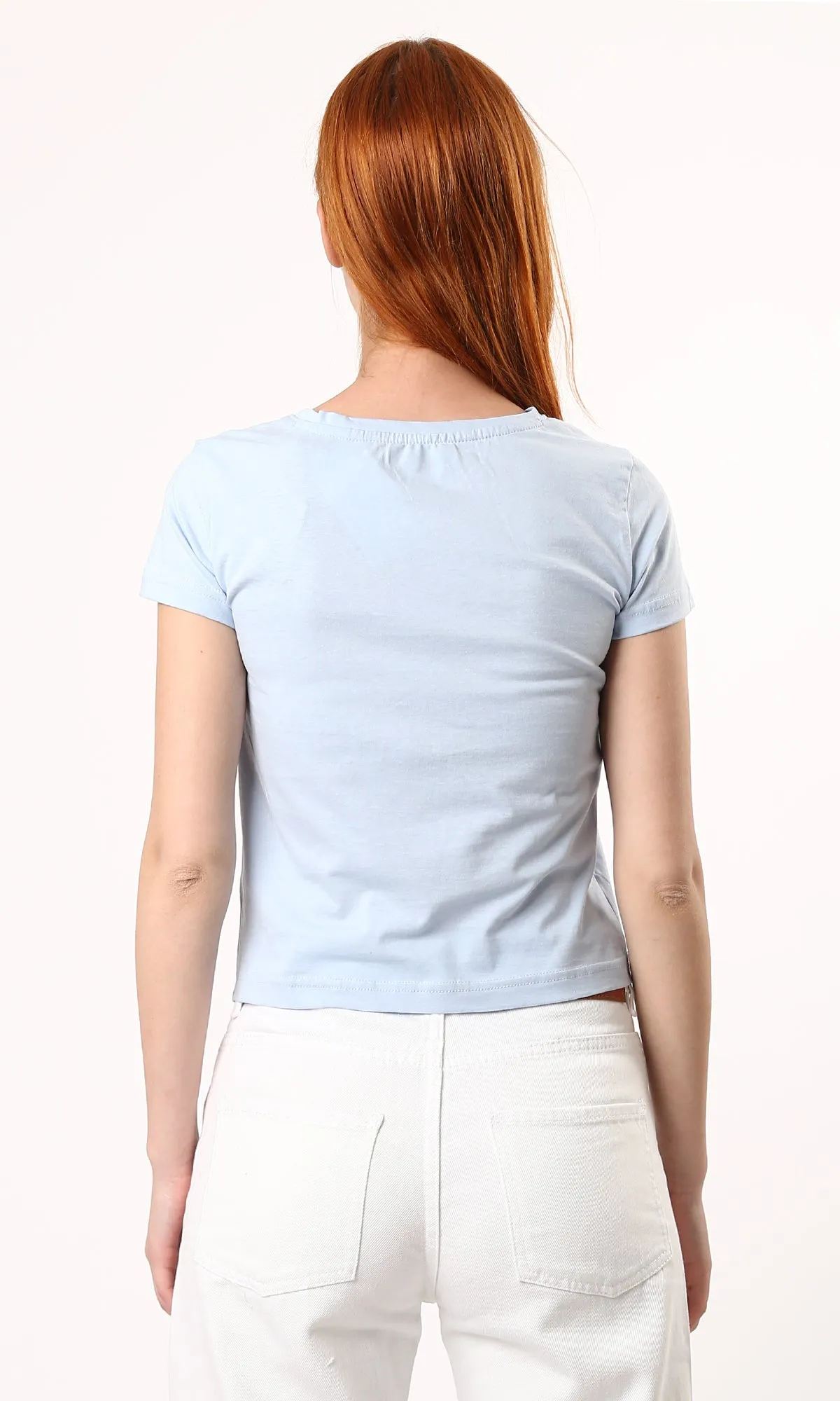 O182258 Pastel Blue Crew Neck Summer Short Tee