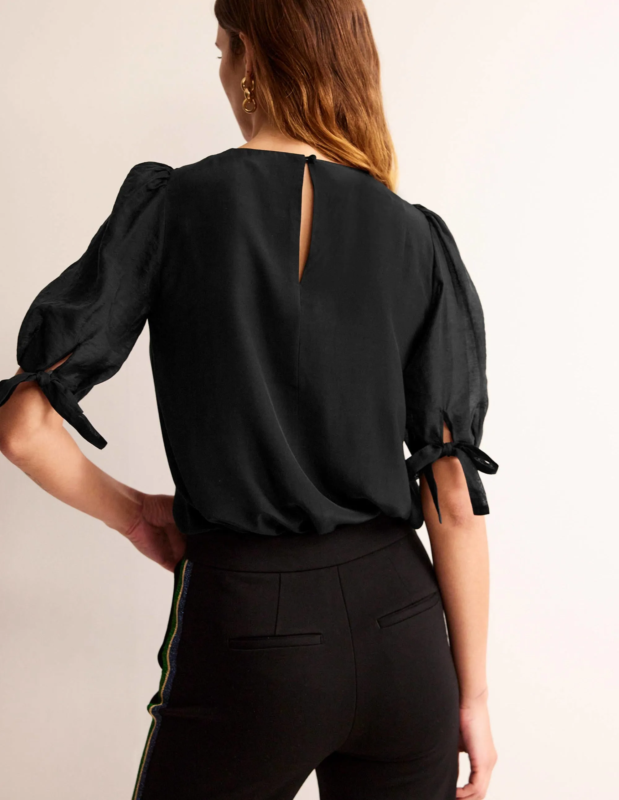 Organza Puff-Sleeve Top-Black