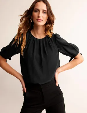 Organza Puff-Sleeve Top-Black