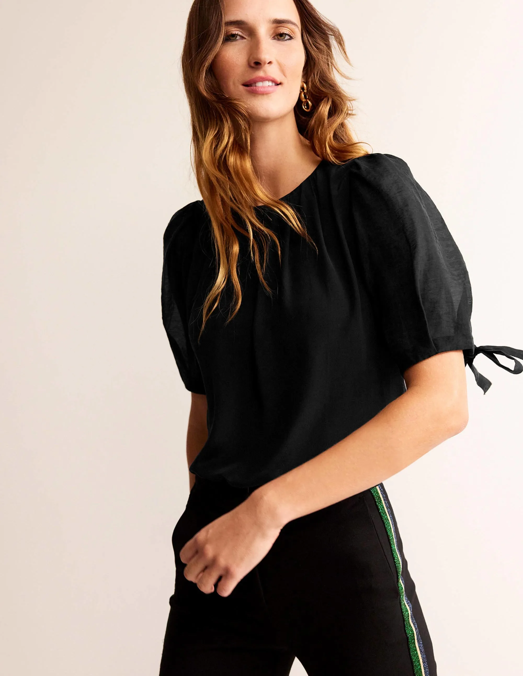 Organza Puff-Sleeve Top-Black