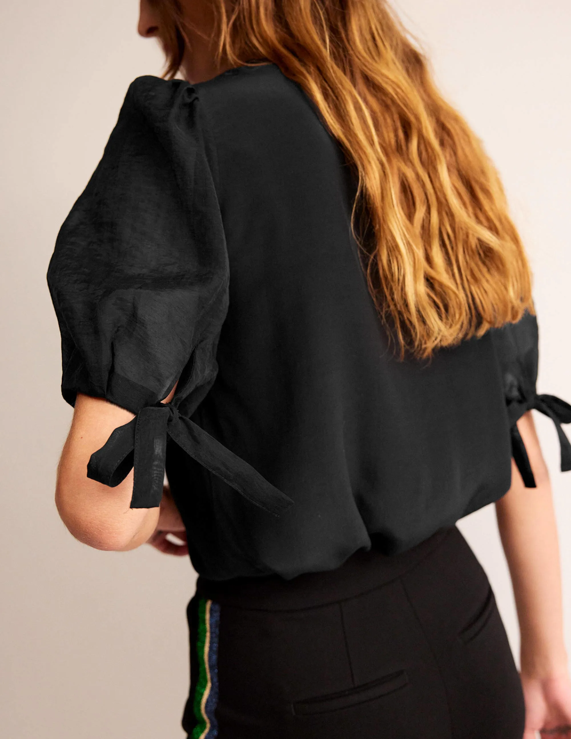 Organza Puff-Sleeve Top-Black