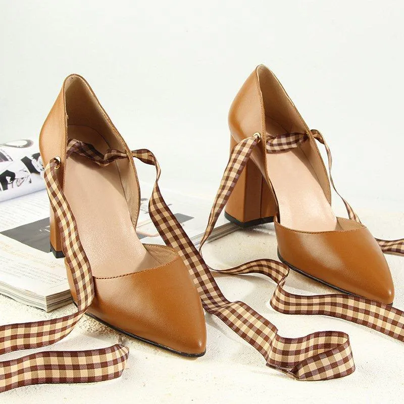 Plaid Bowknot Pointed Toe Work Shoes