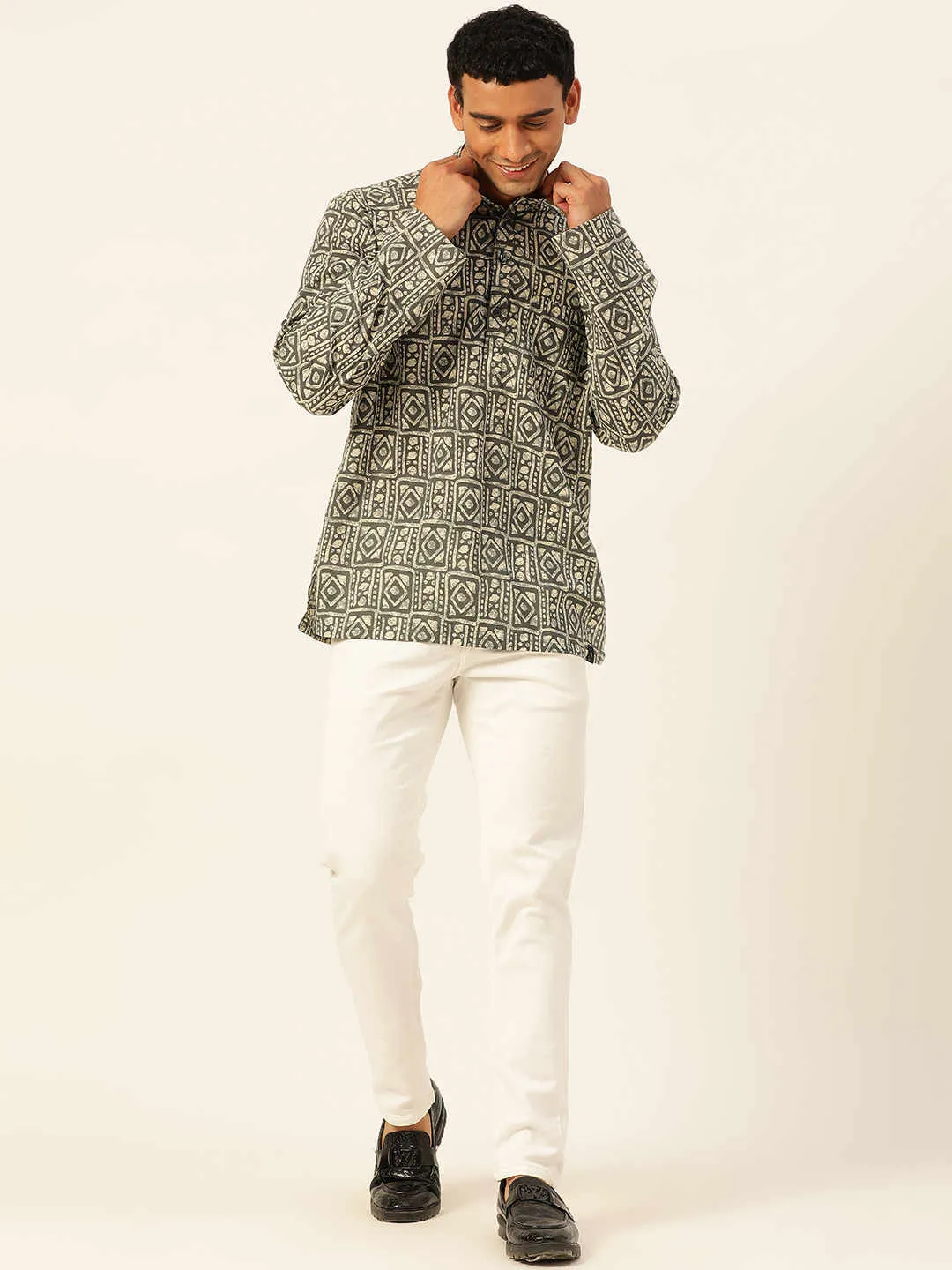 Premium Dark Green & White Blocks Handblock Printed Short Kurta