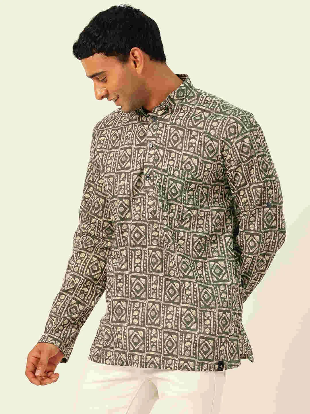 Premium Dark Green & White Blocks Handblock Printed Short Kurta