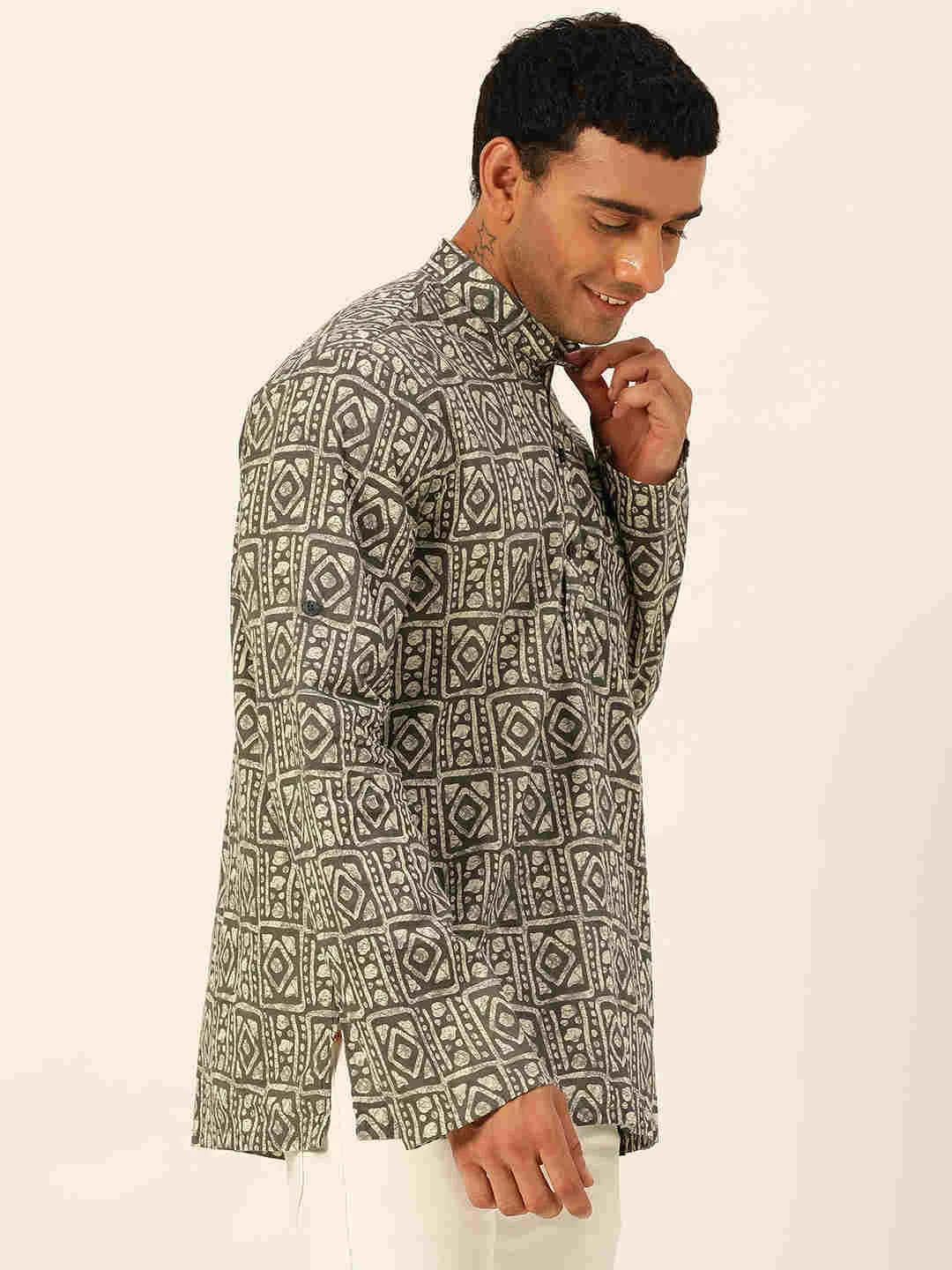 Premium Dark Green & White Blocks Handblock Printed Short Kurta