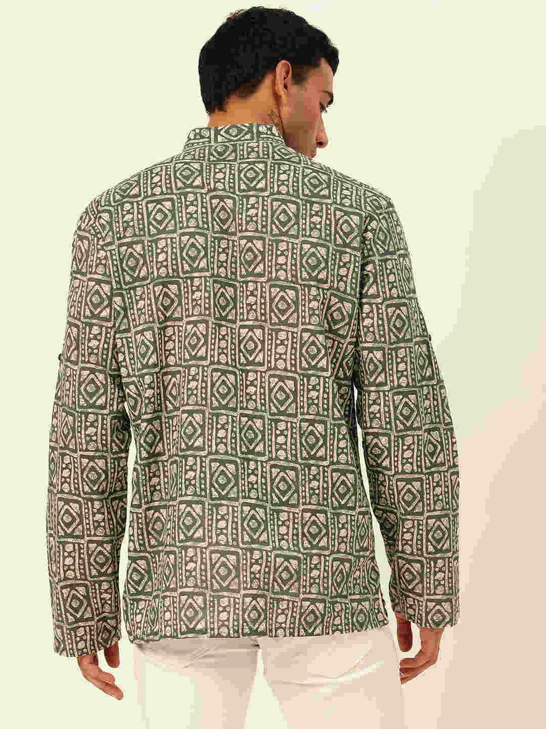 Premium Dark Green & White Blocks Handblock Printed Short Kurta