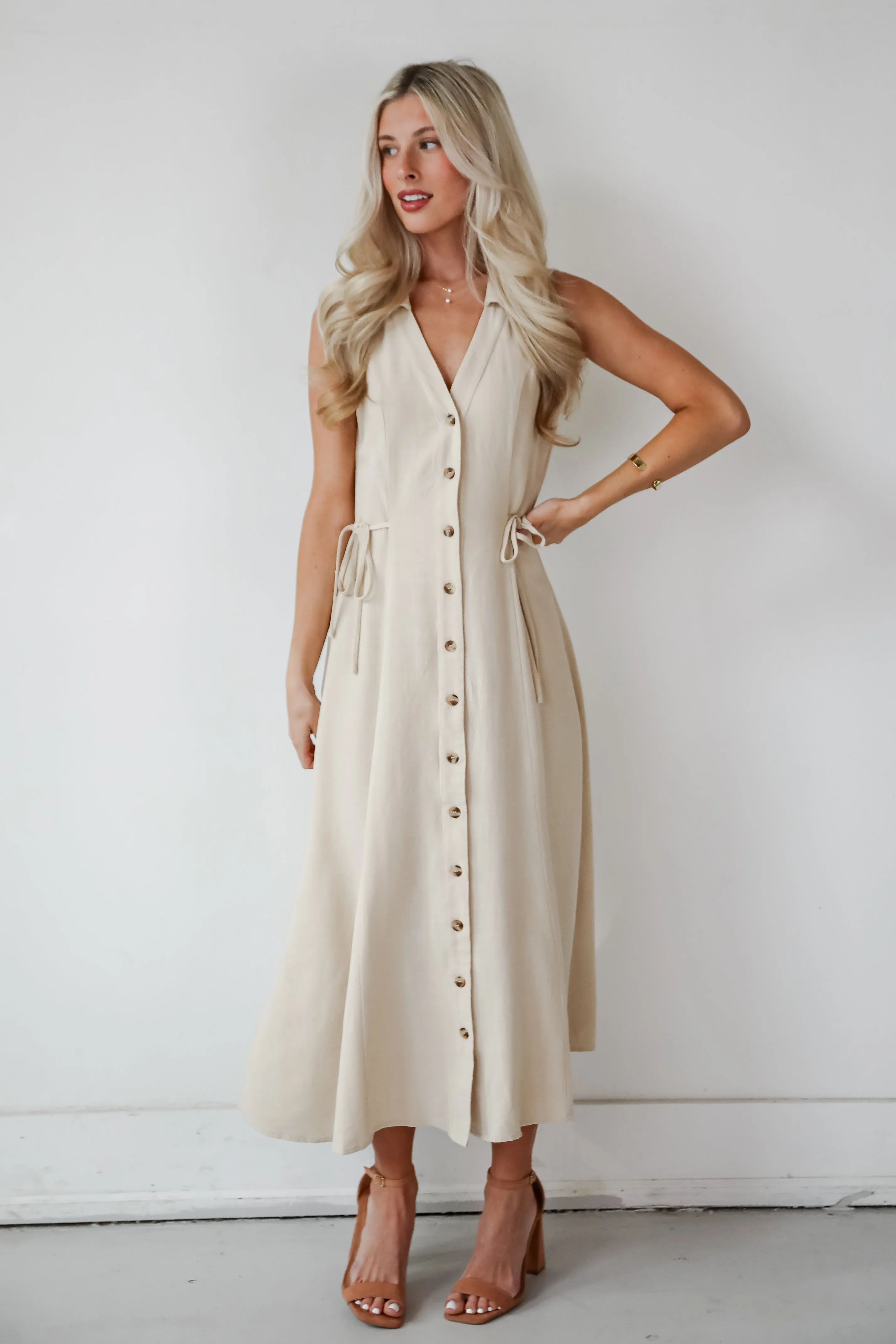 Sophisticated Company Khaki Button Front Maxi Dress