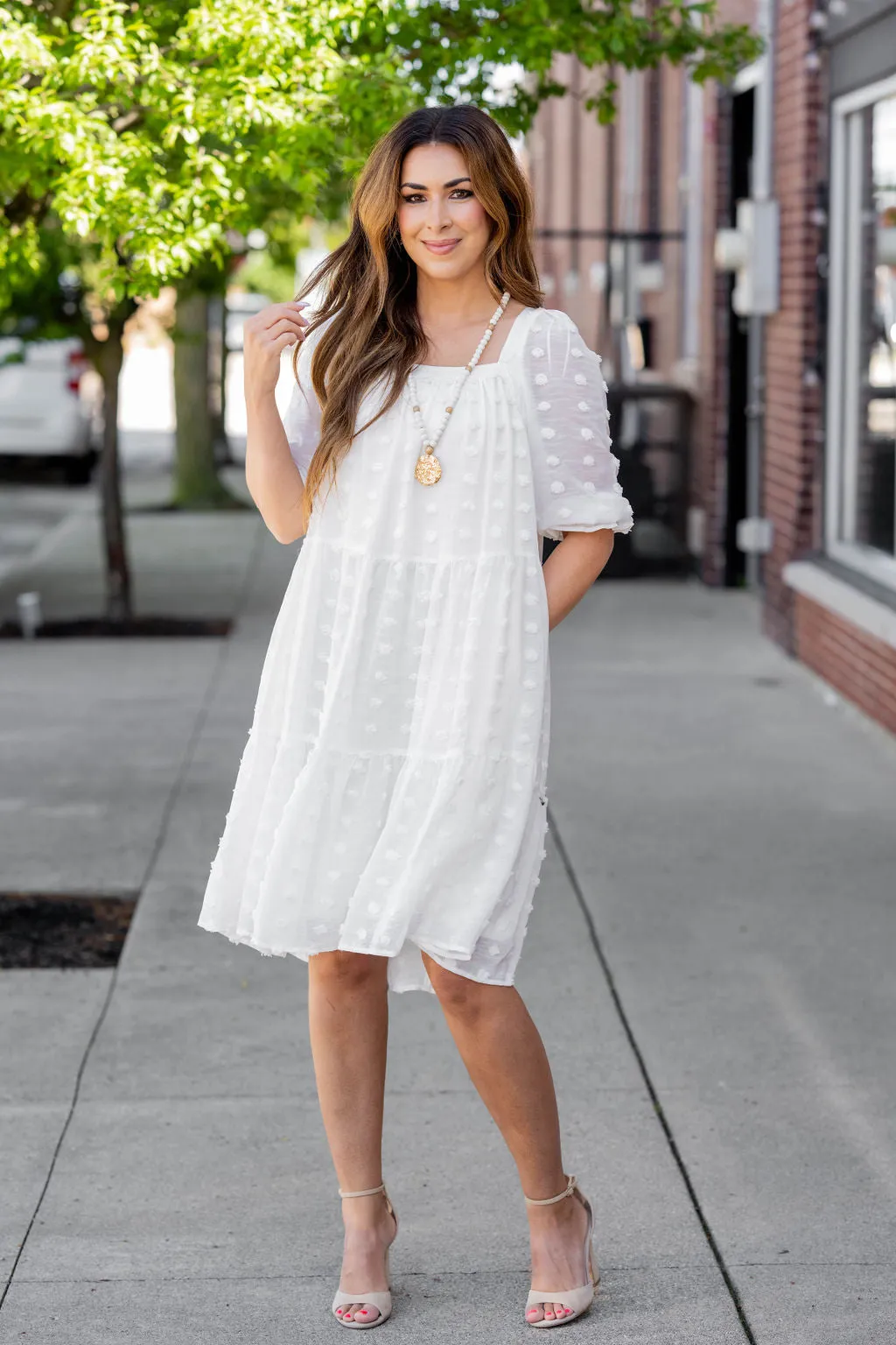 Textured Dot Tiered Half Sleeve Dress