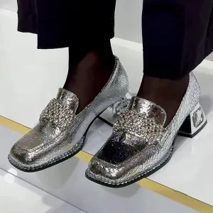 Vintage Textured Leather Rhinestone Chunky Heel Loafers