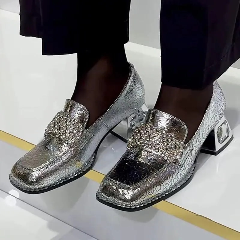 Vintage Textured Leather Rhinestone Chunky Heel Loafers