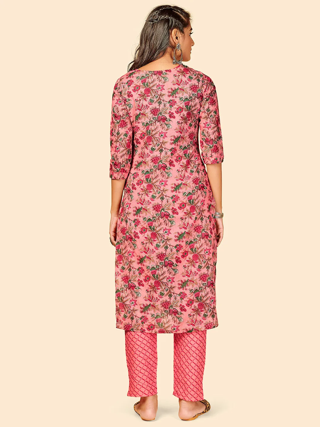 Women'S Printed & Gotta Work Straight Cotton Pink Stitched Kurta With Pant