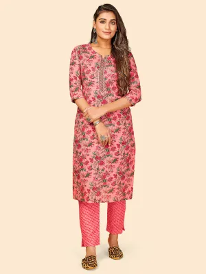 Women'S Printed & Gotta Work Straight Cotton Pink Stitched Kurta With Pant