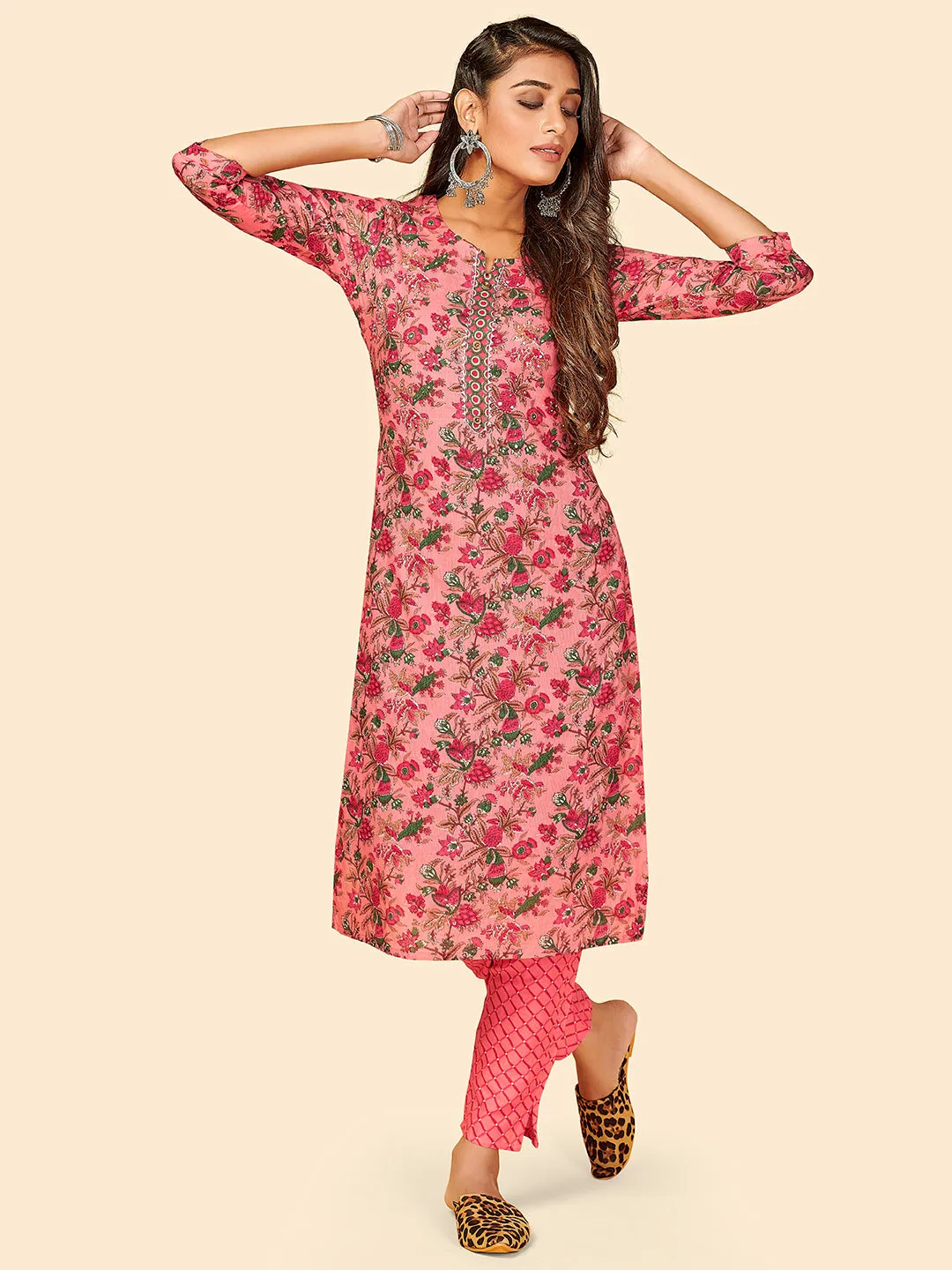 Women'S Printed & Gotta Work Straight Cotton Pink Stitched Kurta With Pant