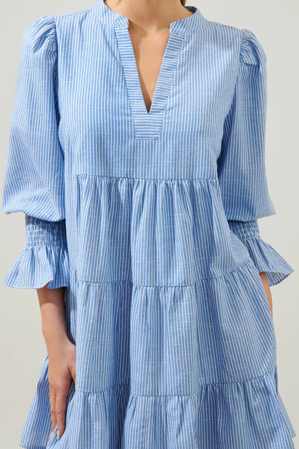 Zephyr Ticking Stripe Babydoll Tiered Mini Dress