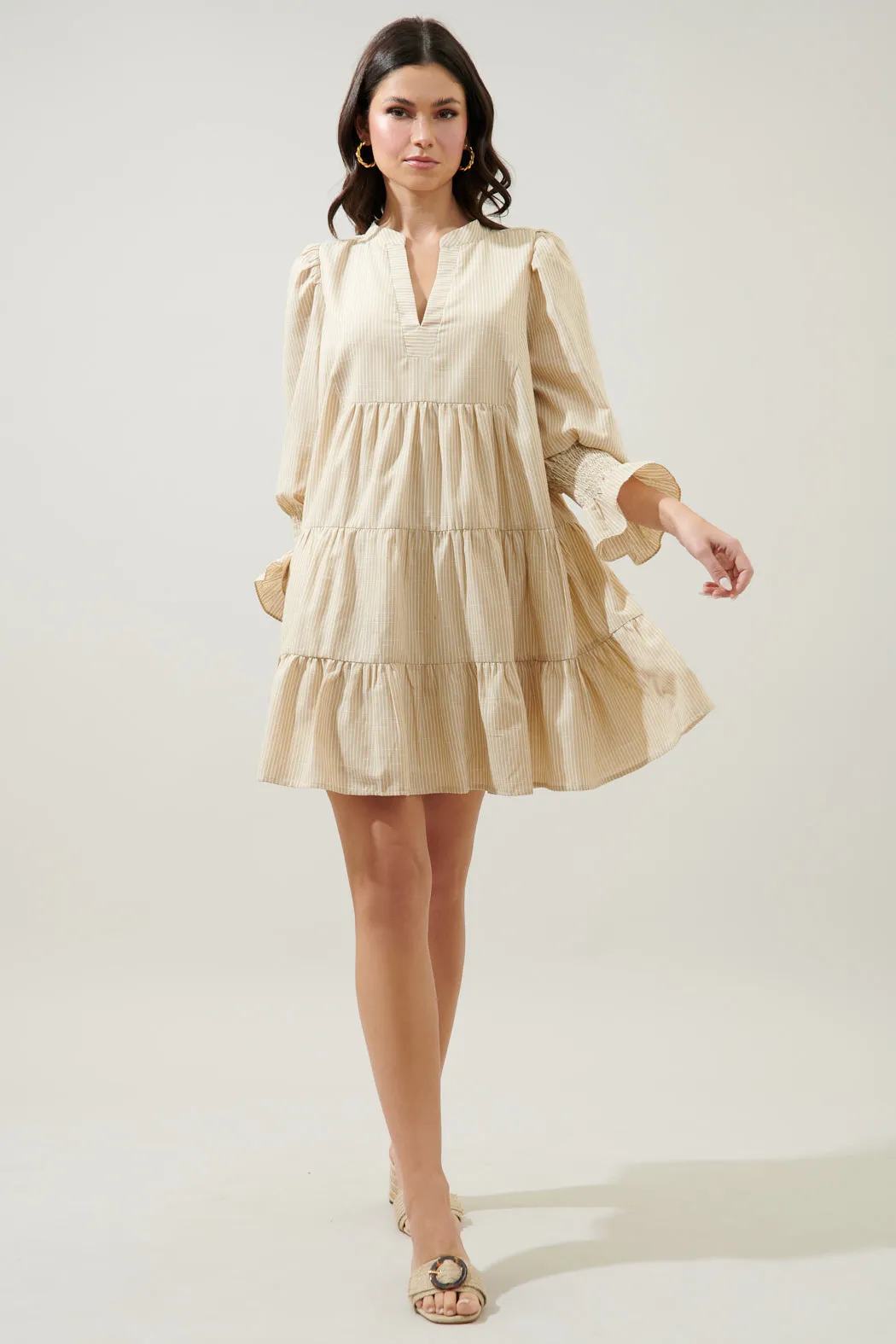 Zephyr Ticking Stripe Babydoll Tiered Mini Dress