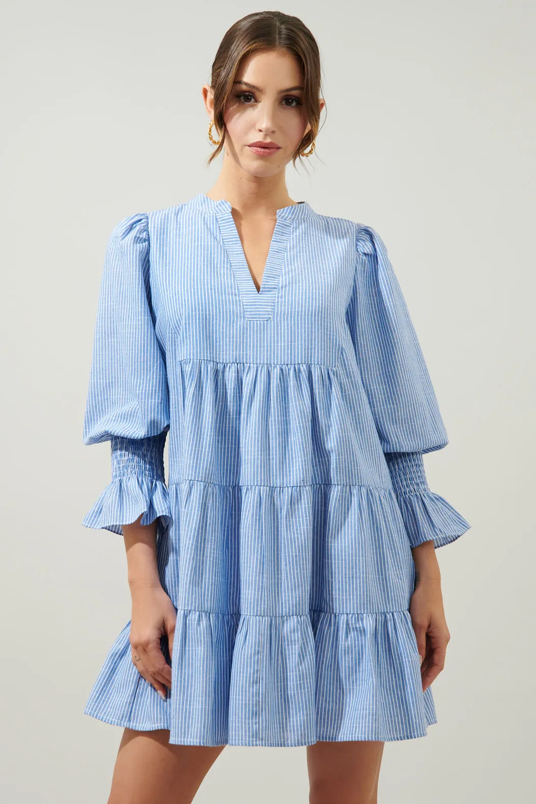 Zephyr Ticking Stripe Babydoll Tiered Mini Dress