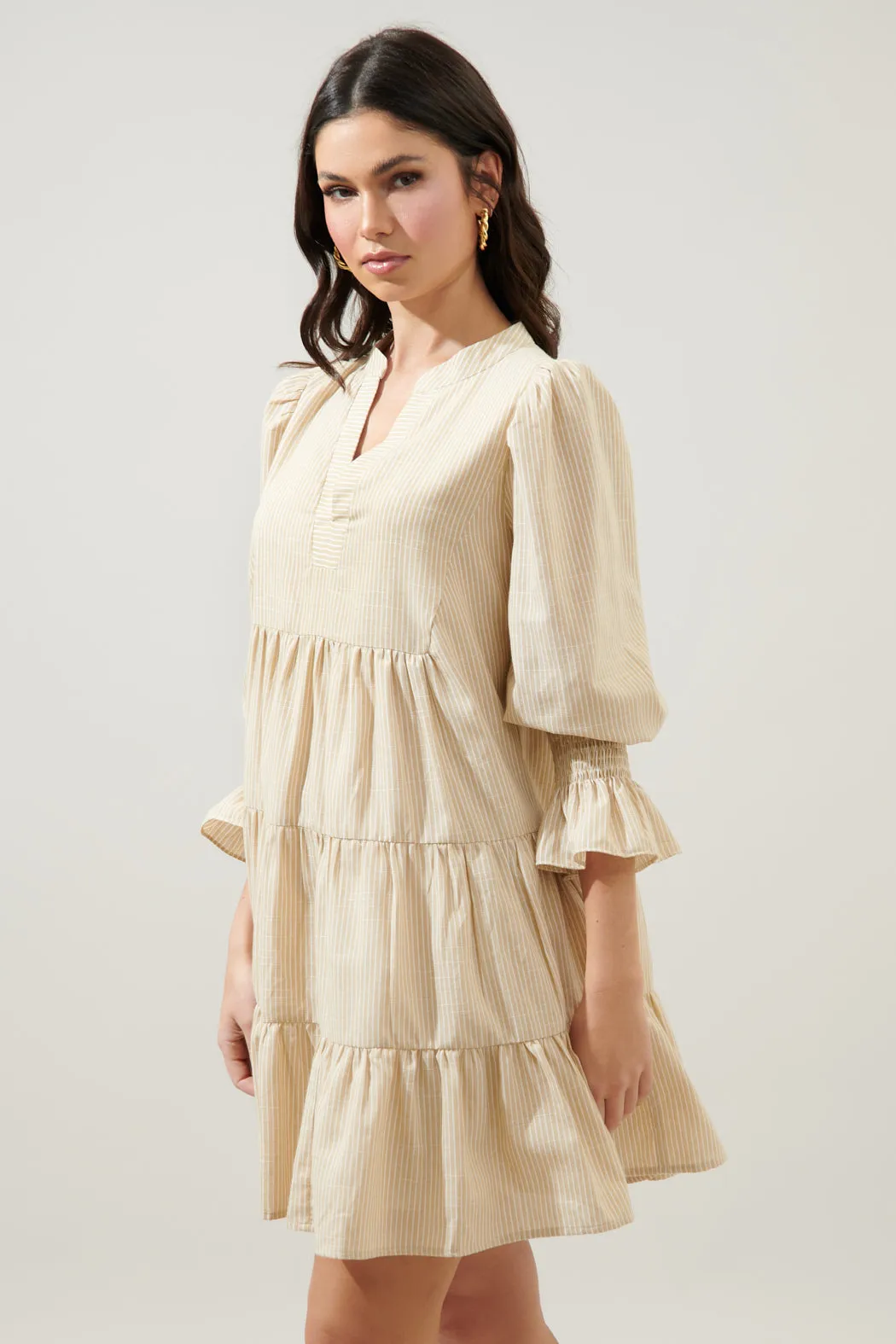 Zephyr Ticking Stripe Babydoll Tiered Mini Dress