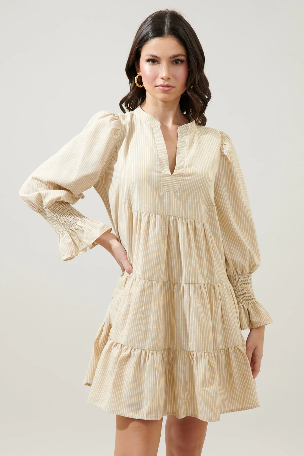 Zephyr Ticking Stripe Babydoll Tiered Mini Dress