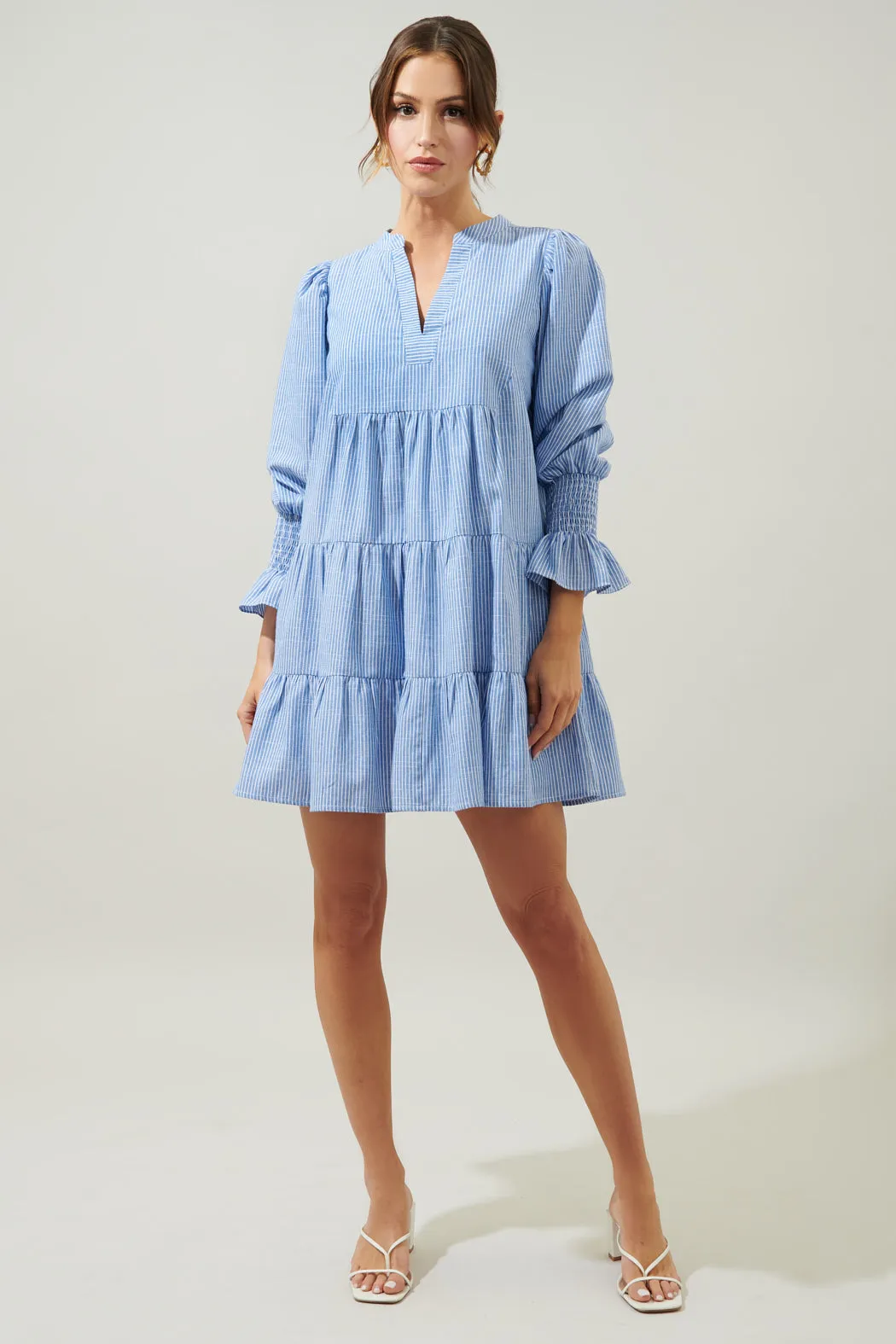 Zephyr Ticking Stripe Babydoll Tiered Mini Dress
